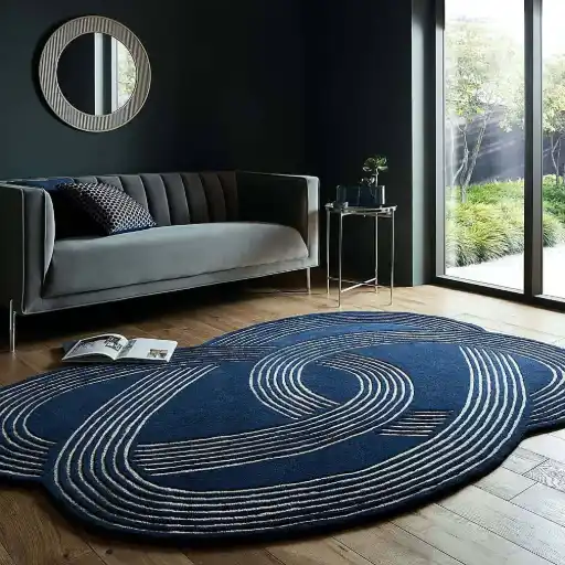 Modern hand tufted carpet Design in irregular shape with natural striped wool rugs in blue & white