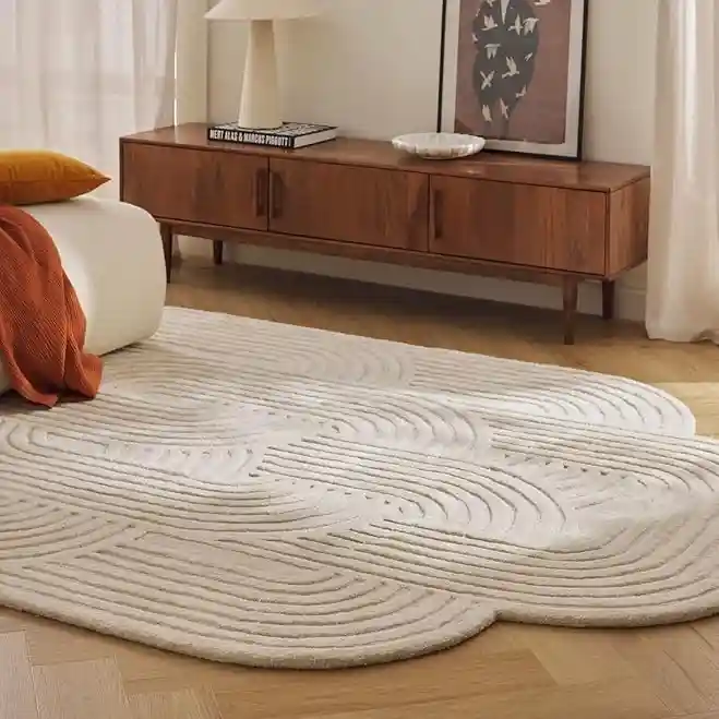 Handmade tufted striped wool rugs irregular shape in ivory for large living room, nursery 